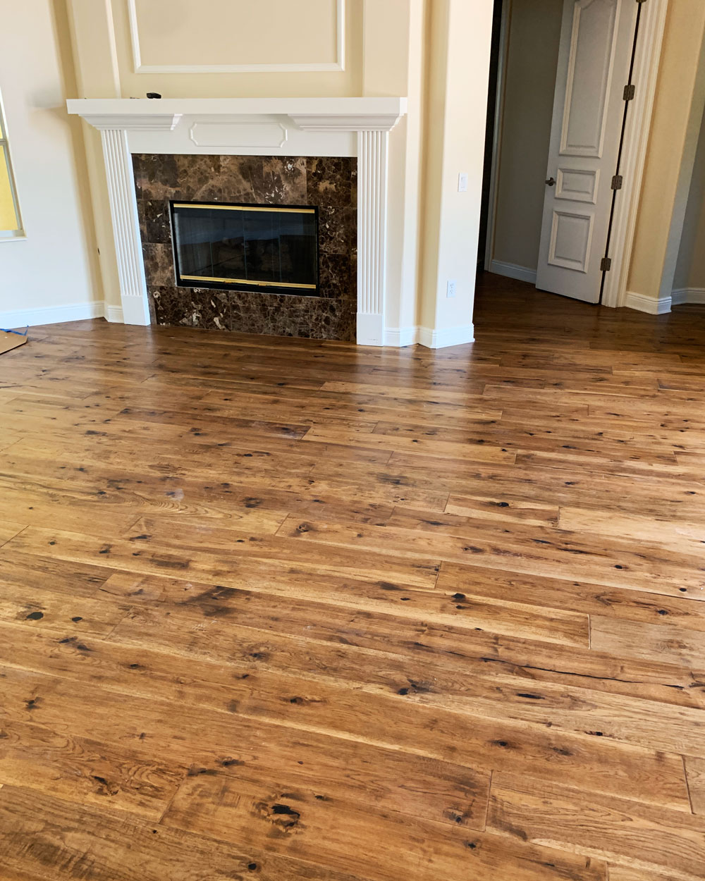 Living room fireplace and hardwood floors